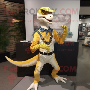 Cream Velociraptor mascot costume character dressed with a Flare Jeans and Bracelet watches