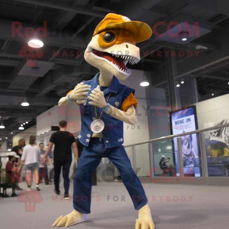 Cream Velociraptor mascot costume character dressed with a Flare Jeans and Bracelet watches