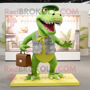 Lime Green Tyrannosaurus mascot costume character dressed with a Denim Shorts and Coin purses