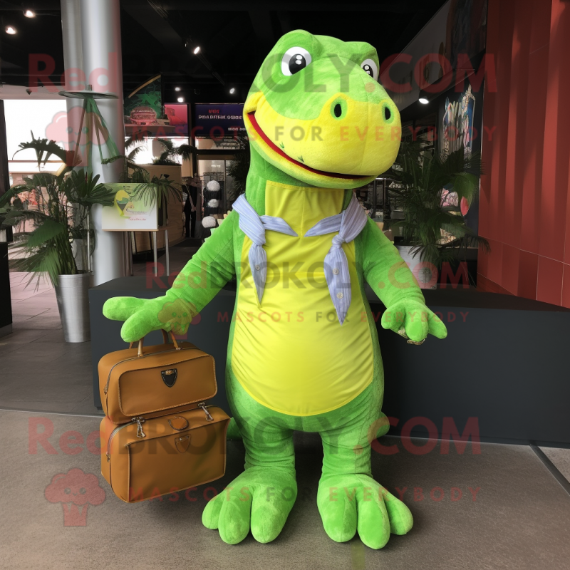 Lime Green Tyrannosaurus mascot costume character dressed with a Denim Shorts and Coin purses