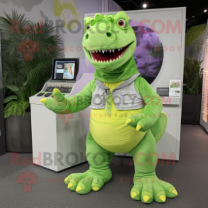 Lime Green Tyrannosaurus mascot costume character dressed with a Denim Shorts and Coin purses