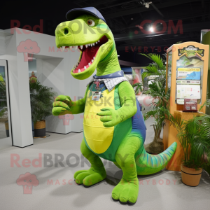 Lime Green Tyrannosaurus mascot costume character dressed with a Denim Shorts and Coin purses