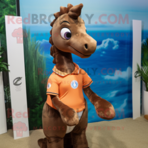 Brown Seahorse mascot costume character dressed with a Polo Shirt and Anklets