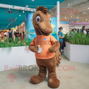 Brown Seahorse mascot costume character dressed with a Polo Shirt and Anklets