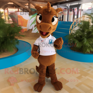 Brown Seahorse mascot costume character dressed with a Polo Shirt and Anklets