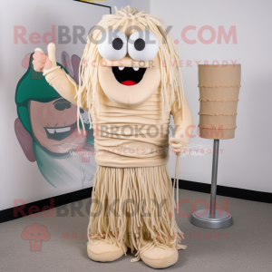 Beige Spaghetti mascot costume character dressed with a Jumpsuit and Shawl pins