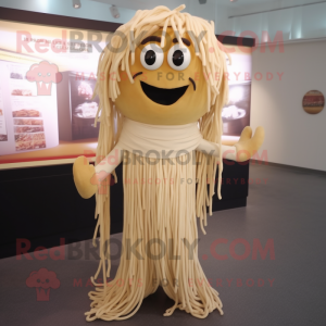 Beige Spaghetti mascot costume character dressed with a Jumpsuit and Shawl pins