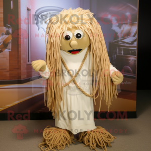 Beige Spaghetti mascot costume character dressed with a Jumpsuit and Shawl pins