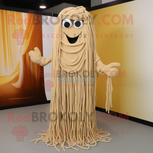 Beige Spaghetti mascot costume character dressed with a Jumpsuit and Shawl pins