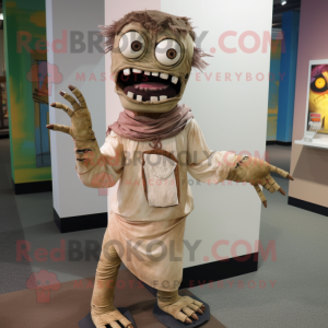 Beige Zombie mascot costume character dressed with a Henley Shirt and Wraps