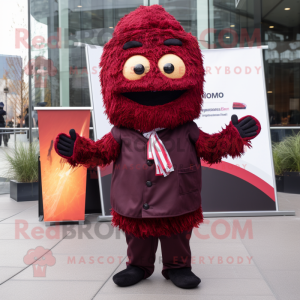 Maroon Ramen mascot costume character dressed with a Suit Jacket and Mittens