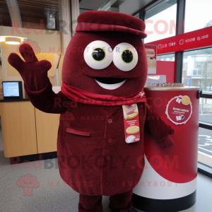 Maroon Ramen mascot costume character dressed with a Suit Jacket and Mittens