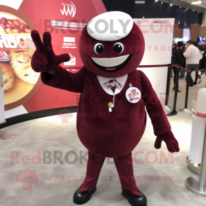 Maroon Ramen mascot costume character dressed with a Suit Jacket and Mittens