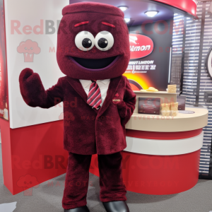 Maroon Ramen mascot costume character dressed with a Suit Jacket and Mittens