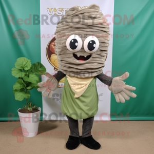 Gray Pesto Pasta mascot costume character dressed with a Corduroy Pants and Wraps