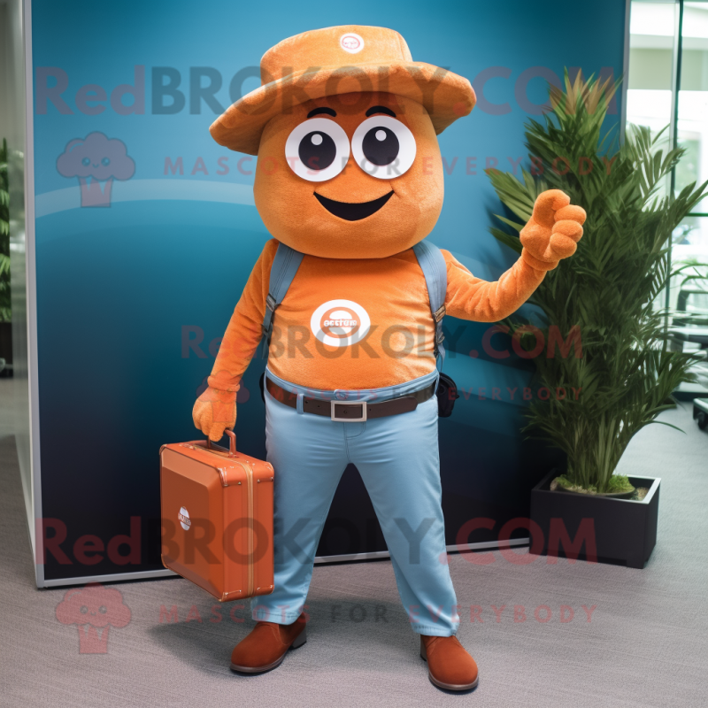 Orange But mascot costume character dressed with a Chambray Shirt and Briefcases