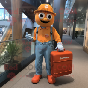 Orange But mascot costume character dressed with a Chambray Shirt and Briefcases