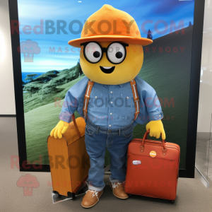 Orange But mascot costume character dressed with a Chambray Shirt and Briefcases