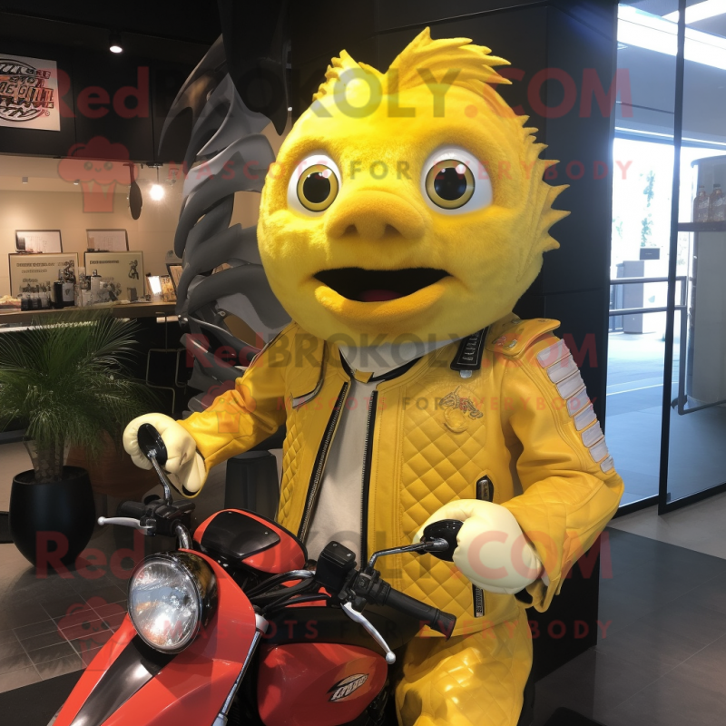 Yellow Fish And Chips mascot costume character dressed with a Moto Jacket and Necklaces