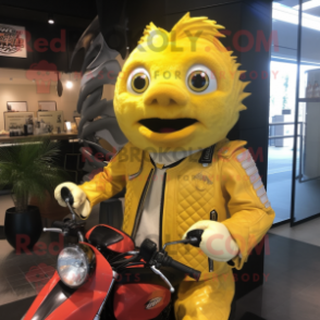 Yellow Fish And Chips mascot costume character dressed with a Moto Jacket and Necklaces