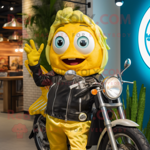 Yellow Fish And Chips mascot costume character dressed with a Moto Jacket and Necklaces