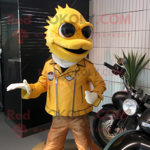 Yellow Fish And Chips mascot costume character dressed with a Moto Jacket and Necklaces