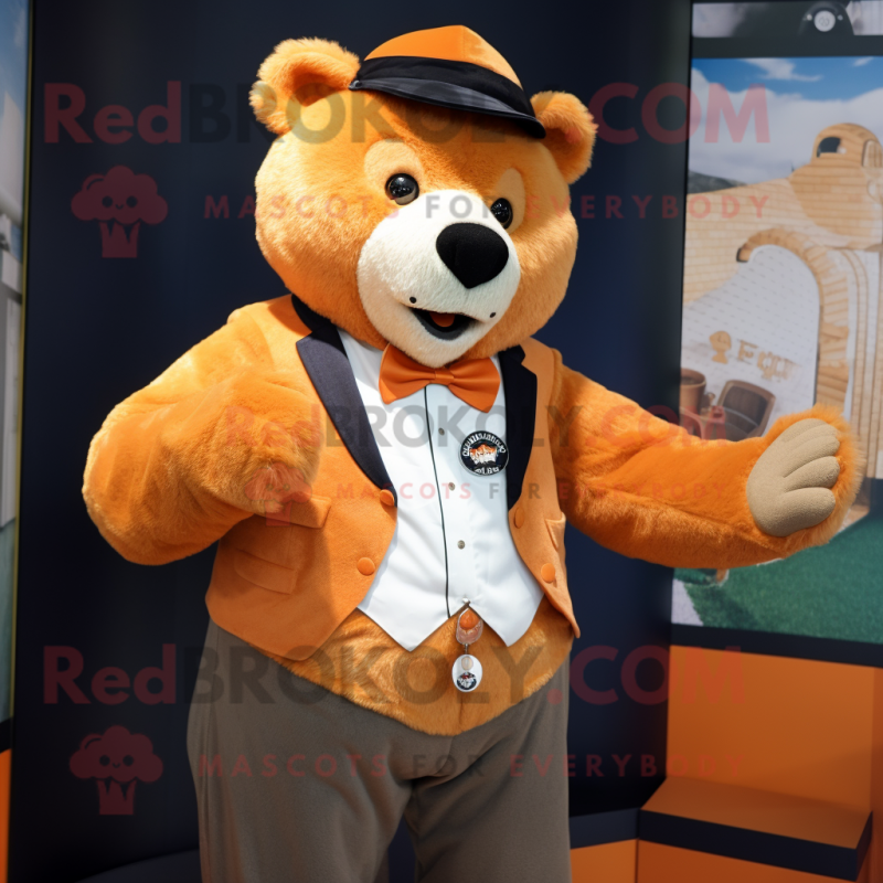 Orange Bear mascot costume character dressed with a Oxford Shirt and Lapel pins