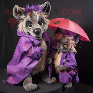 Purple Hyena mascot costume character dressed with a Raincoat and Messenger bags