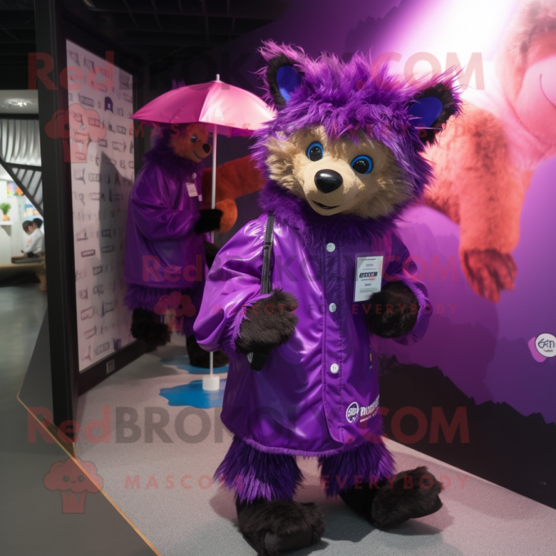 Purple Hyena mascot costume character dressed with a Raincoat and Messenger bags