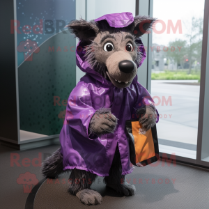 Purple Hyena mascot costume character dressed with a Raincoat and Messenger bags