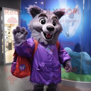 Purple Hyena mascot costume character dressed with a Raincoat and Messenger bags