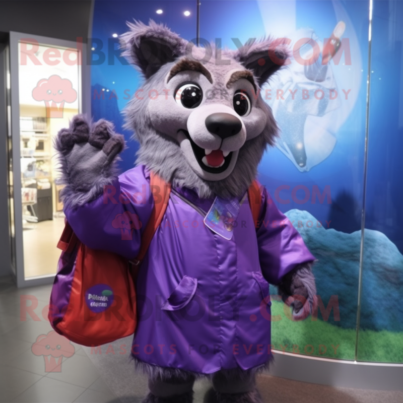 Purple Hyena mascot costume character dressed with a Raincoat and Messenger bags Purple Hyena mascot costume character dressed with a Raincoat and Messenger bags
