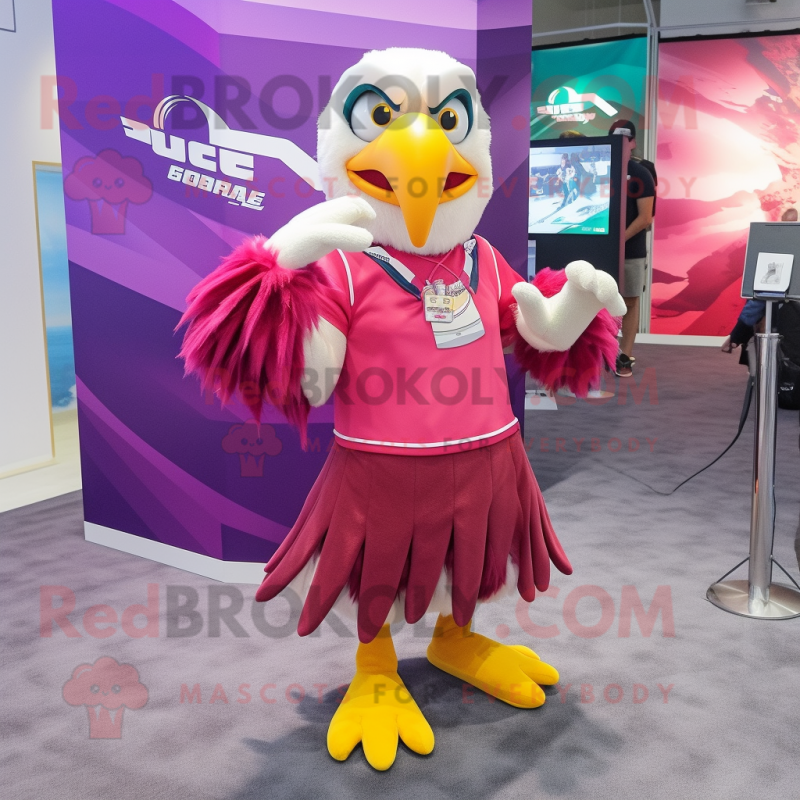 Magenta Bald Eagle mascot costume character dressed with a Mini Skirt and Hairpins Magenta Bald Eagle mascot costume character dressed with a Mini Skirt and Hairpins