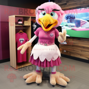 Magenta Bald Eagle mascot costume character dressed with a Mini Skirt and Hairpins