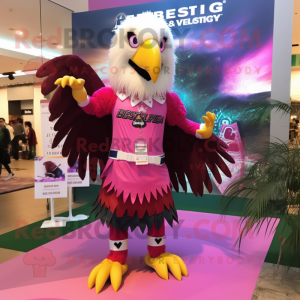 Magenta Bald Eagle mascot costume character dressed with a Mini Skirt and Hairpins