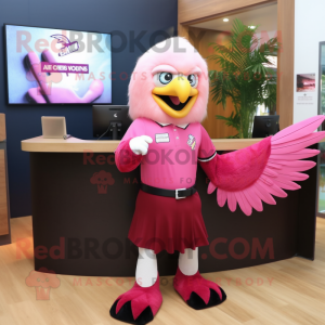 Magenta Bald Eagle mascot costume character dressed with a Mini Skirt and Hairpins
