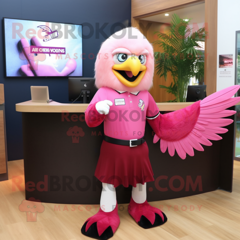 Magenta Bald Eagle mascot costume character dressed with a Mini Skirt and Hairpins Magenta Bald Eagle mascot costume character dressed with a Mini Skirt and Hairpins