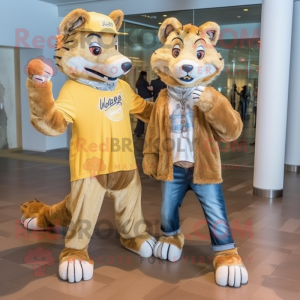 Gold Thylacosmilus mascot costume character dressed with a Boyfriend Jeans and Foot pads