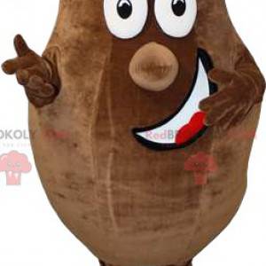 Bruine, dikke aardappelmascotte met een grote glimlach -