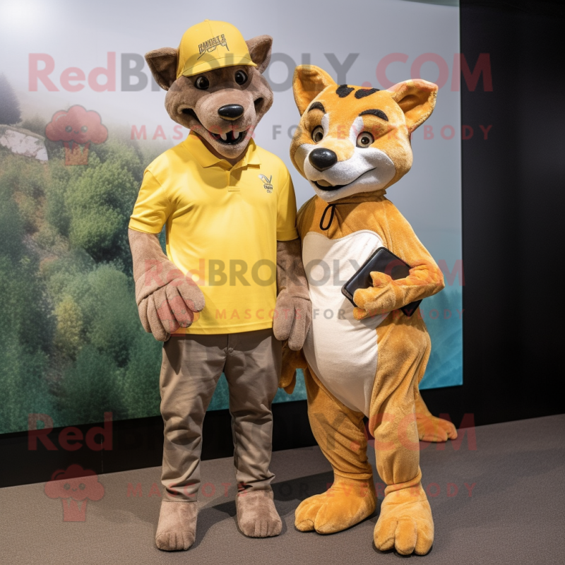 Gold Thylacosmilus mascot costume character dressed with a Boyfriend Jeans and Foot pads Gold Thylacosmilus mascot costume character dressed with a Boyfriend Jeans and Foot pads