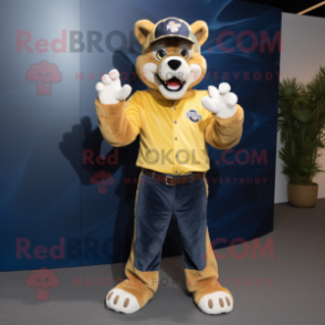 Gold Thylacosmilus mascot costume character dressed with a Boyfriend Jeans and Foot pads