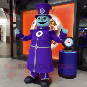 Purple Ring Master mascot costume character dressed with a Jacket and Digital watches