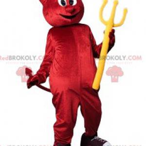 Mascotte de diablotin rouge rigolo avec son trident jaune -