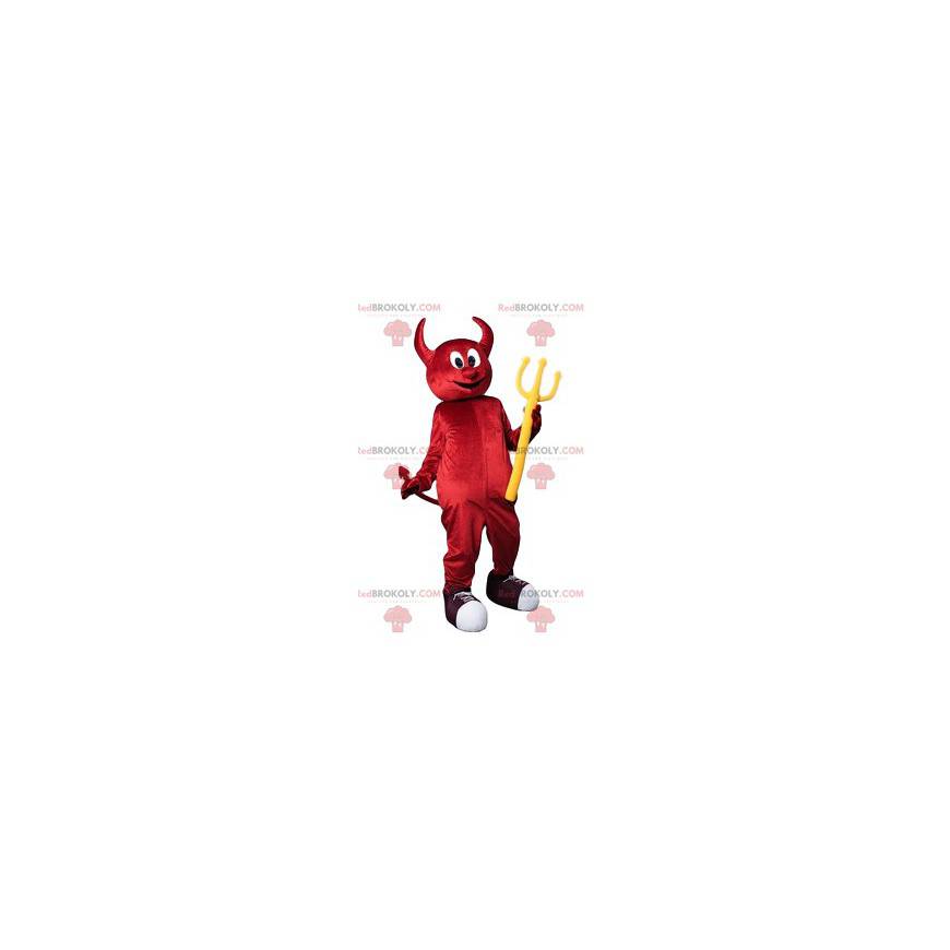 Legrační maskot červený ďábel s jeho žlutý trojzubec -