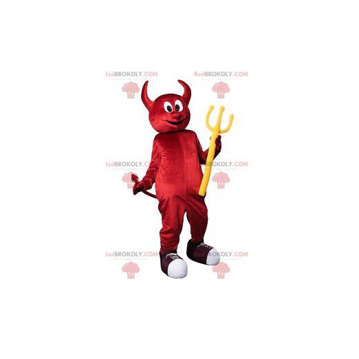 Mascotte de diablotin rouge rigolo avec son trident jaune -