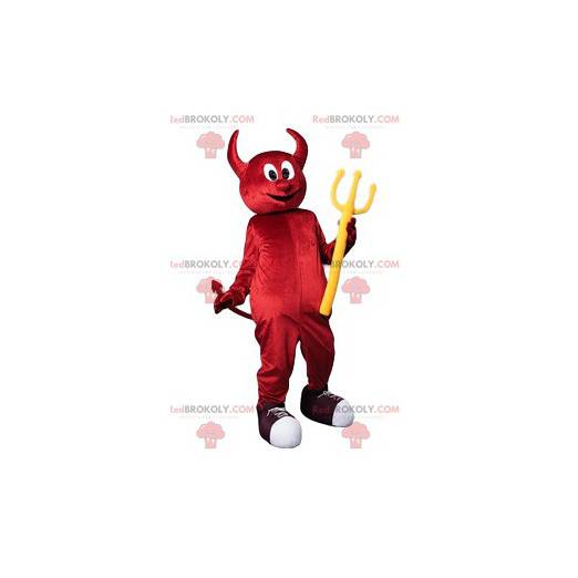Mascotte divertente del diavolo rosso con il suo tridente