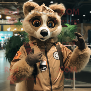 Tan Lemur mascot costume character dressed with a Bomber Jacket and Rings