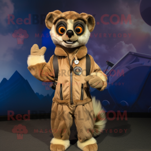Tan Lemur mascot costume character dressed with a Bomber Jacket and Rings