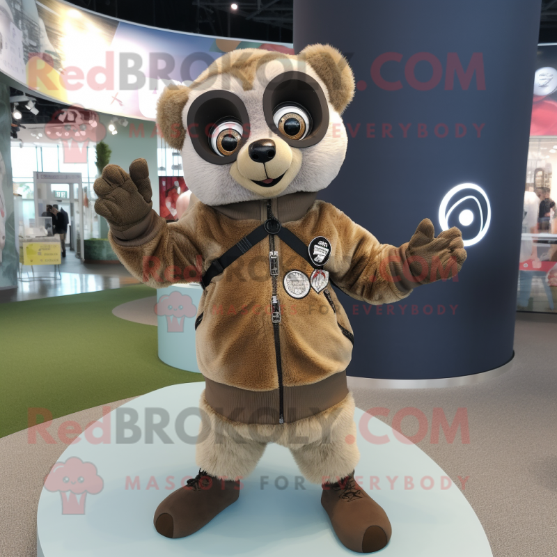 Tan Lemur mascot costume character dressed with a Bomber Jacket and Rings