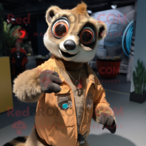 Tan Lemur mascot costume character dressed with a Bomber Jacket and Rings